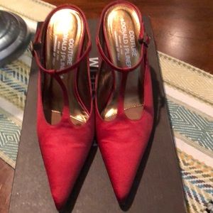 COUTURE DONALD J PLINER RED SATIN SLIP-ON SHOES